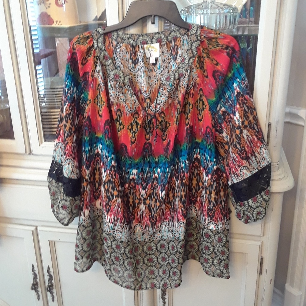 fig and flower Multicolor Bohemian Print Blouse - Red, Blue, Black, Cream